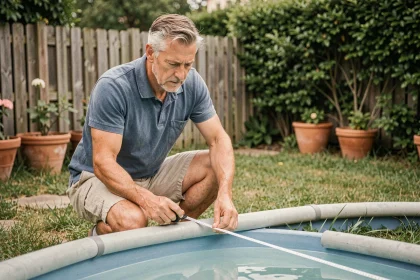 Homme mesurant le diamètre d'une piscine ronde avec un mètre ruban dans un jardin suburban