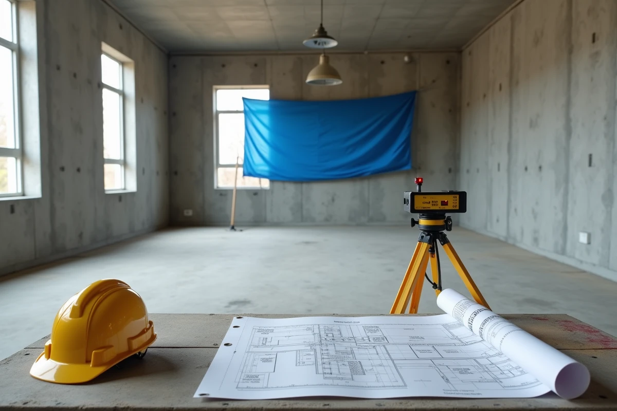 Chantier de construction résidentielle avec mesure laser de la hauteur sous plafond en béton brut
