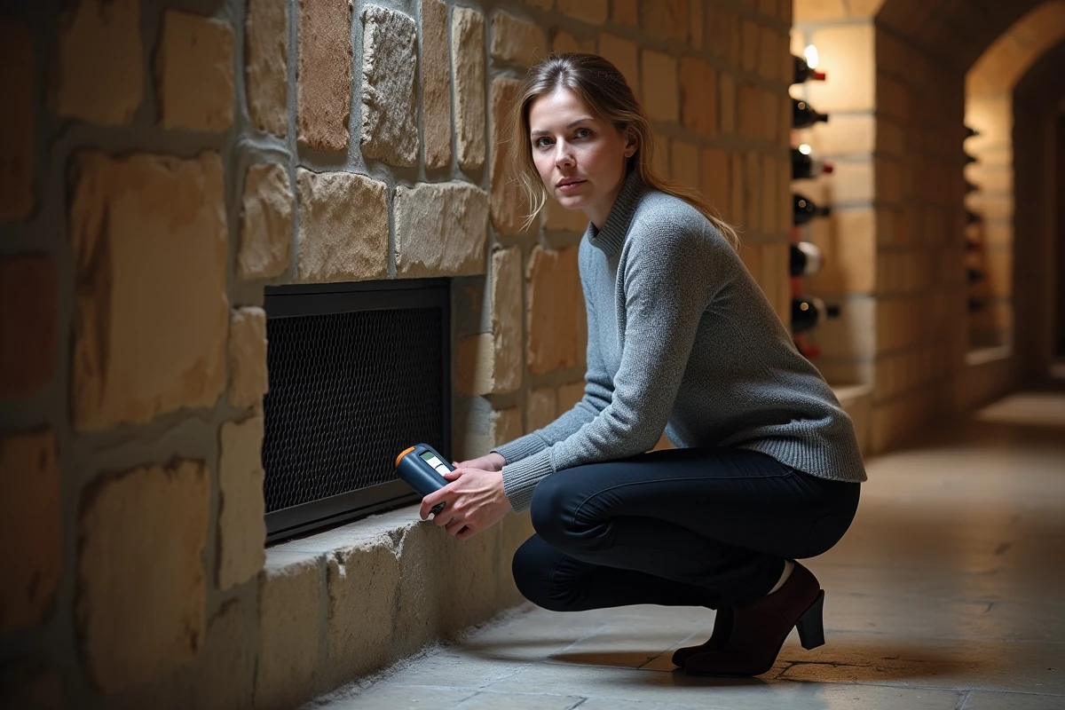 Femme mesurant l'humidité des murs d'une cave à vin avec un hygromètre portable près d'une grille de ventilation