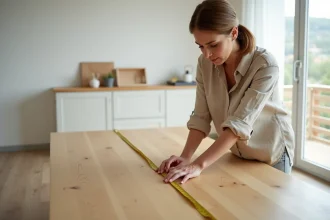 Femme mesurant la longueur d'une table à manger en bois avec un mètre ruban jaune dans une salle à manger scandinave