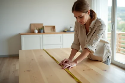 Femme mesurant la longueur d'une table à manger en bois avec un mètre ruban jaune dans une salle à manger scandinave