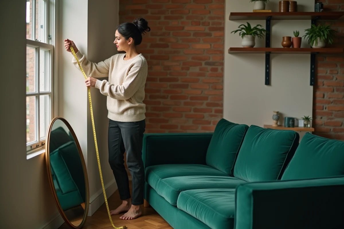 Femme mesurant la hauteur idéale pour accrocher un miroir au-dessus d'un canapé vert émeraude