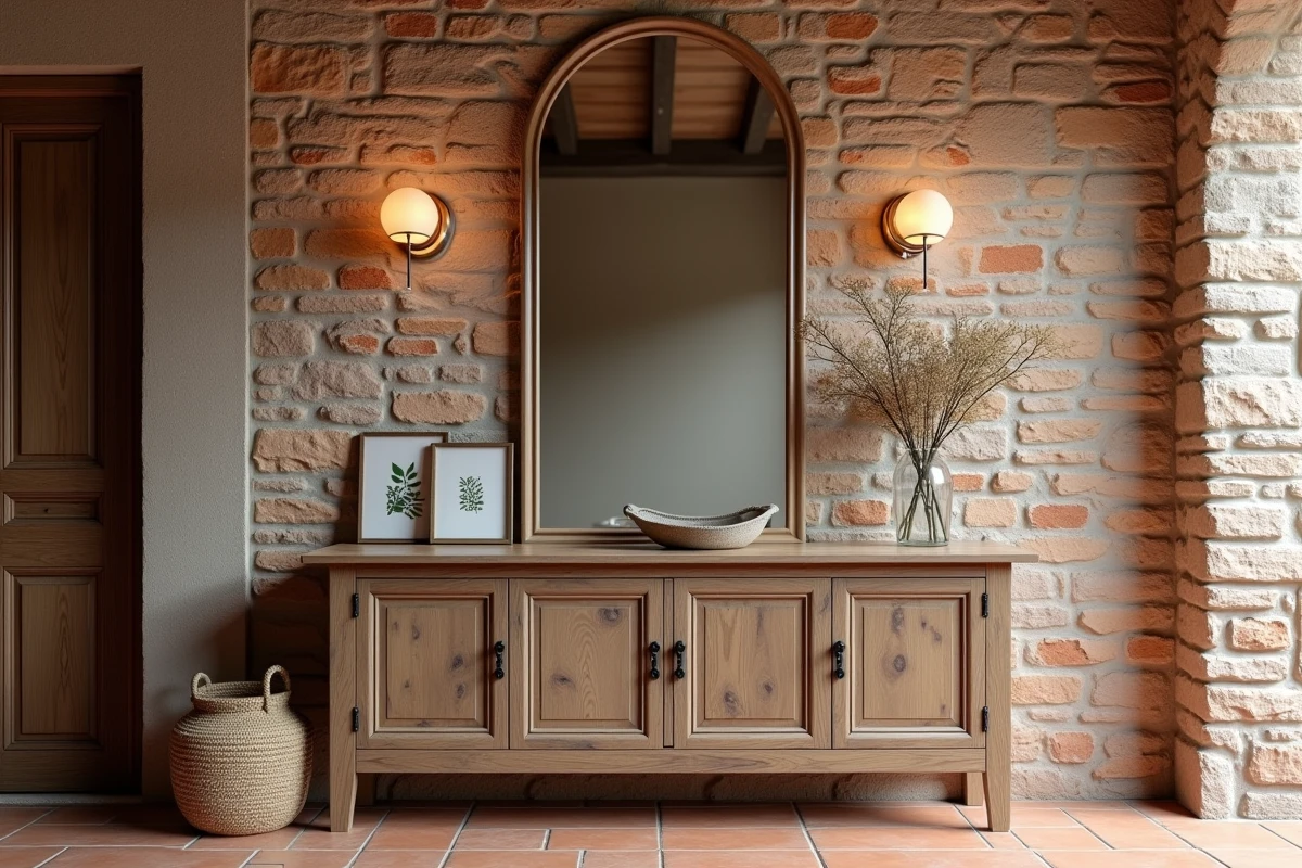 Grand miroir arqué au-dessus d'un buffet en chêne vieilli dans une entrée rustique avec mur en briques apparentes