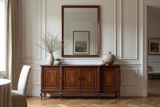 Miroir rectangulaire au-dessus d'un buffet en noyer dans une salle à manger classique avec parquet en chevrons