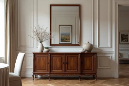 Miroir rectangulaire au-dessus d'un buffet en noyer dans une salle à manger classique avec parquet en chevrons