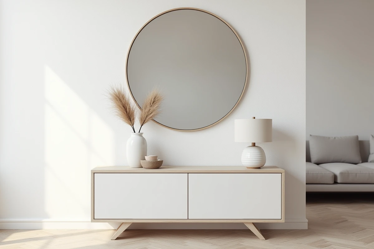 Miroir rond centré au-dessus d'une console blanche dans un salon scandinave minimaliste