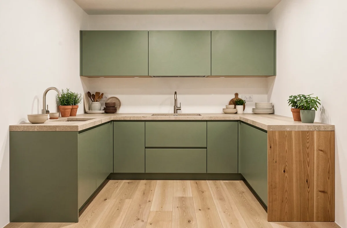 Cuisine Mobalpa Essonne en vert sauge et chêne naturel exposée en showroom