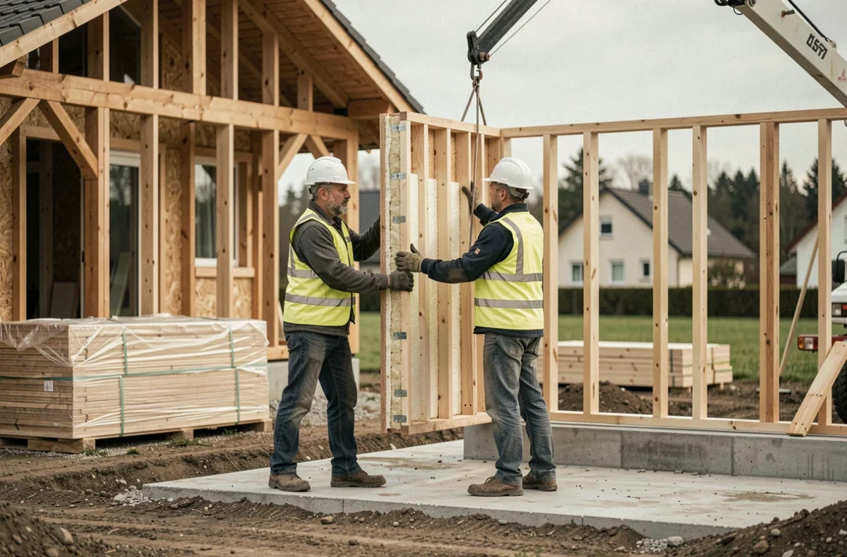 Montage d'un chalet en bois préfabriqué de 80m2 livré monté par des ouvriers sur un terrain résidentiel