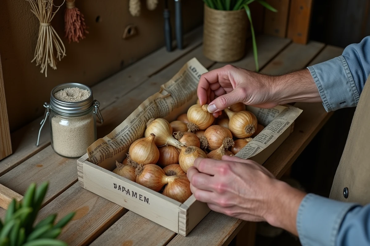 Mains nettoyant et triant des bulbes de lys sur un établi en bois dans un abri de jardin rustique