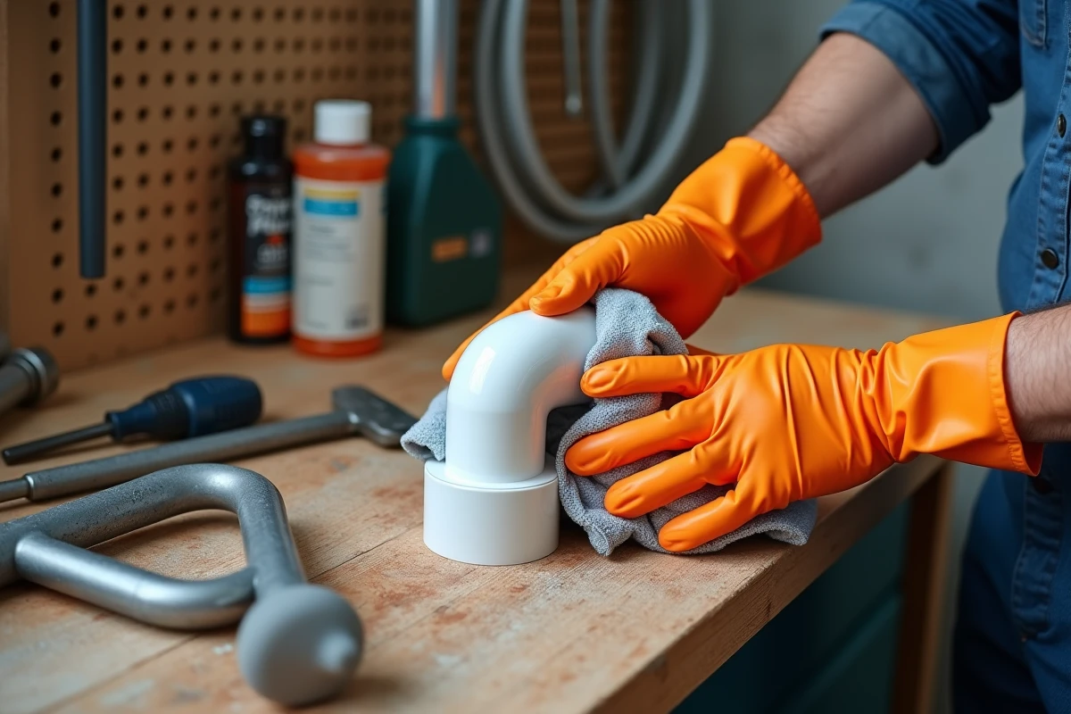 Mains gantées nettoyant de la colle sur un raccord PVC posé sur un établi d'atelier