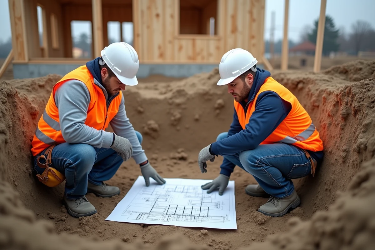 Ouvriers de chantier inspectant les fondations avant le rehaussement d'une maison