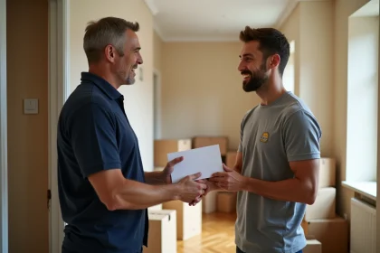 Client remettant une enveloppe de paiement à un déménageur professionnel dans le couloir d'un immeuble le jour du déménagement
