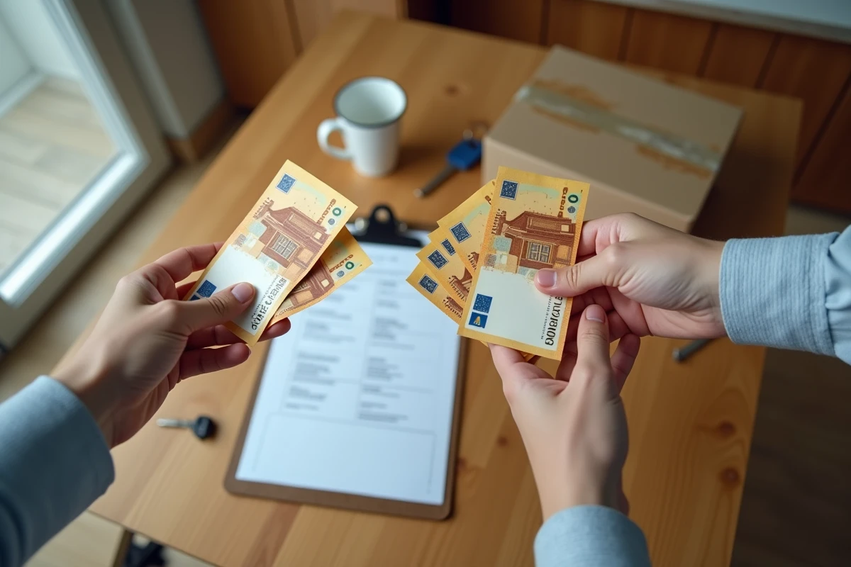 Gros plan sur l'échange de billets en espèces entre un client et un déménageur au-dessus d'une table dans un appartement en cours de déménagement