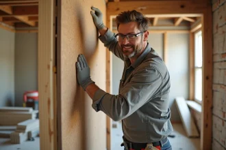 Artisan posant un panneau en fibre de bois comme alternative aux plaques de plâtre dans une pièce en rénovation