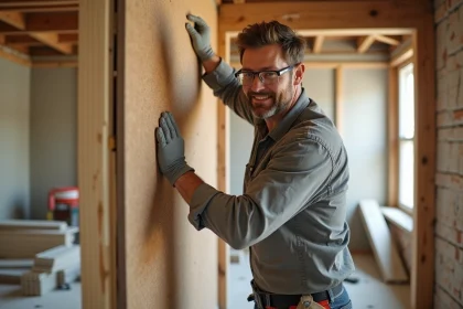 Artisan posant un panneau en fibre de bois comme alternative aux plaques de plâtre dans une pièce en rénovation