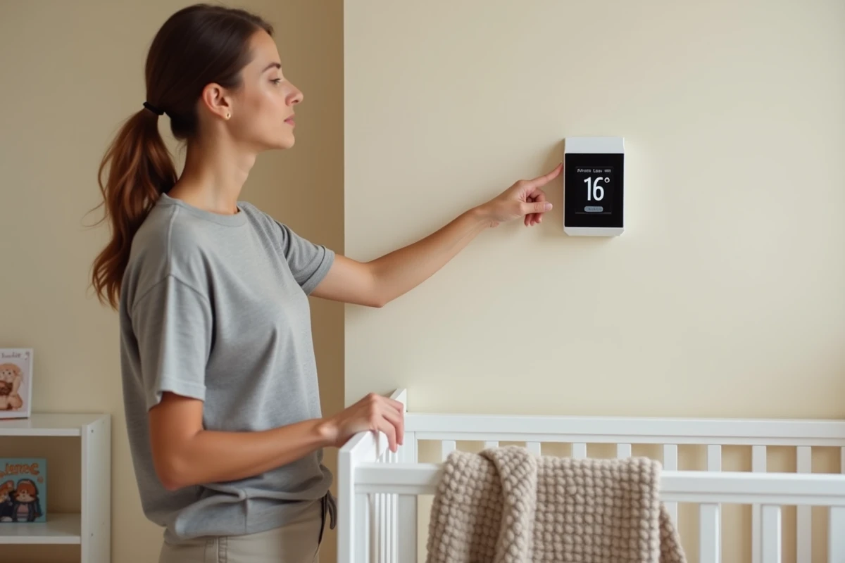 Parent vérifiant le thermomètre de la chambre d'un enfant affichant 16 degrés Celsius