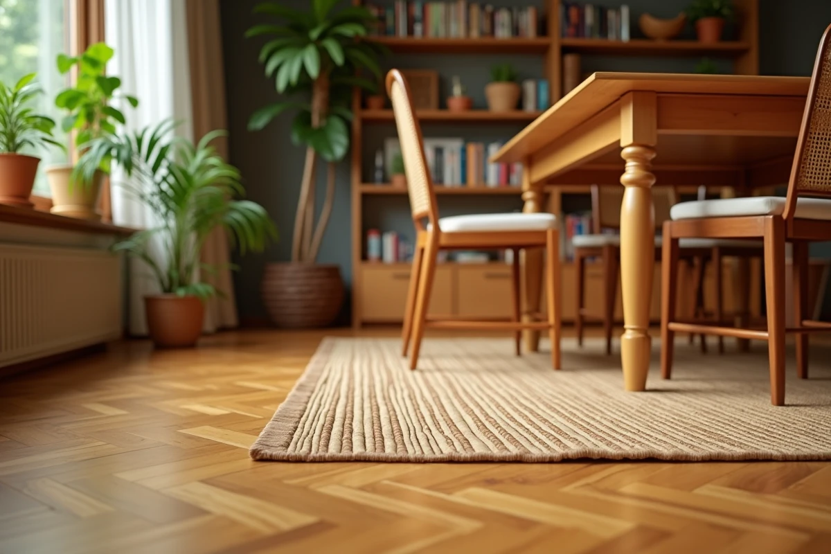 Salle à manger familiale avec parquet en bambou bien entretenu, table en bois massif et tapis tissé montrant la durabilité du revêtement