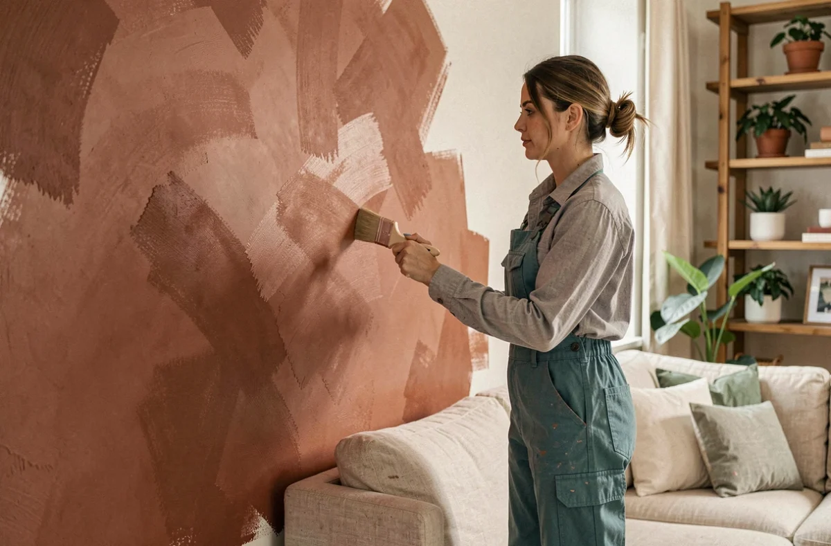 Peintre décoratrice de Peinture Deco 56 appliquant une finition décorative terracotta sur un mur d'accent dans un salon contemporain
