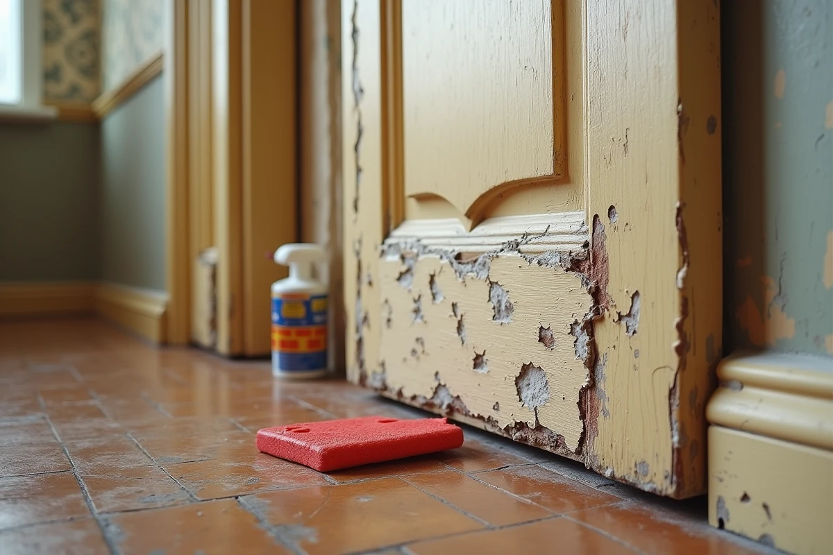 Détail d'une porte intérieure avec peinture glycéro qui s'écaille et se décolle en plusieurs couches