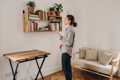 Jeune femme aménageant un petit appartement studio avec des étagères murales et une décoration optimisée pour gagner de l'espace