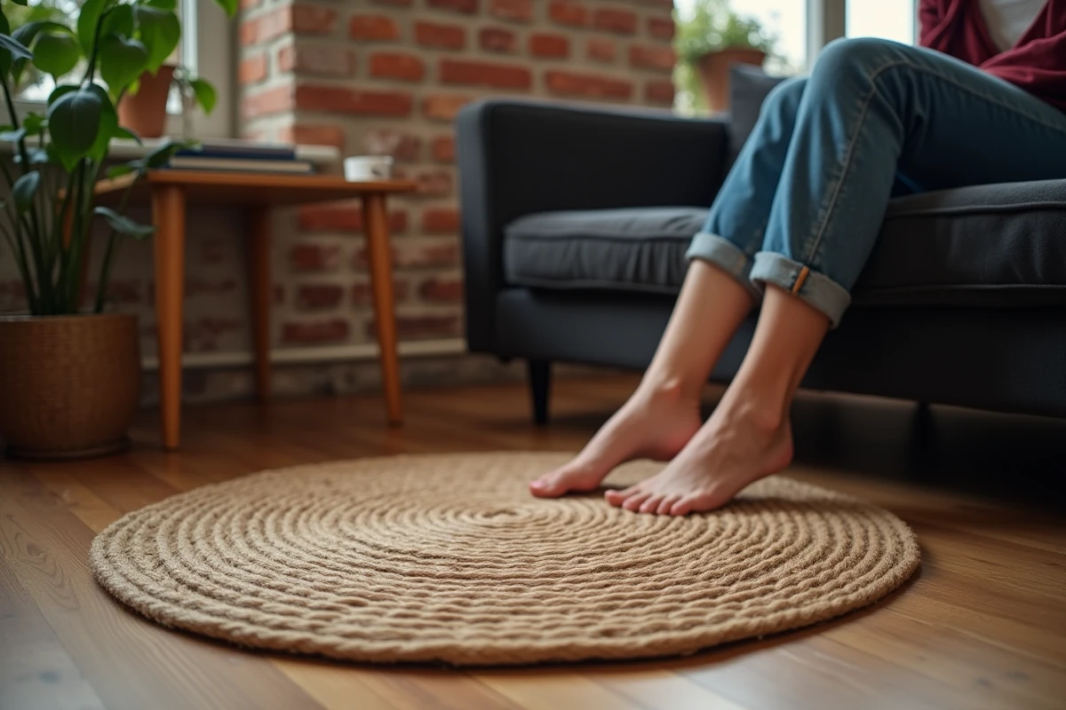 Petit tapis rond en jute sous une table basse en bois dans un appartement urbain cosy