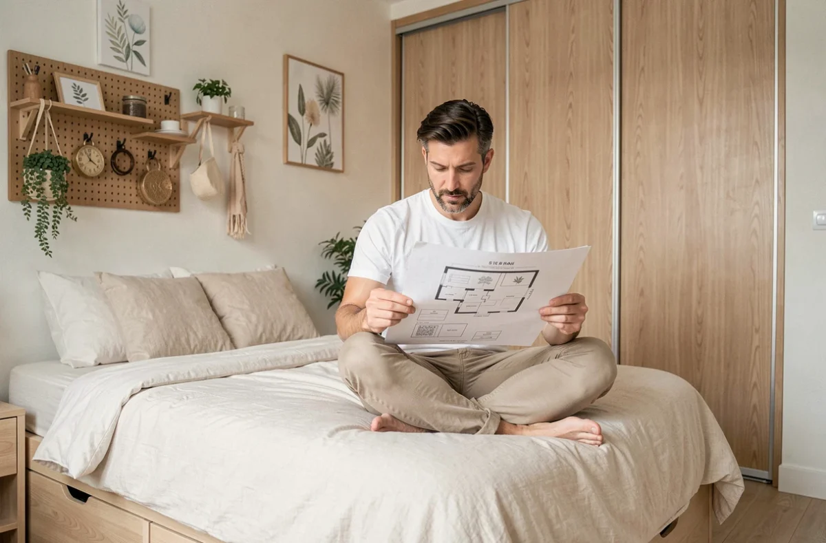 Homme assis sur un lit dans une petite chambre bien organisée avec rangements intégrés, mobilier astucieux et décoration murale fonctionnelle