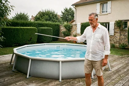 Propriétaire mesurant sa piscine hors-sol pour vérifier si elle dépasse les dimensions non imposables