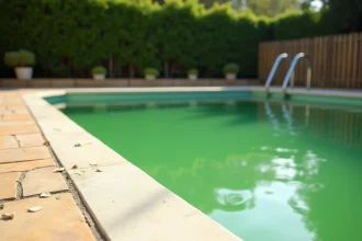 Piscine résidentielle avec eau verte due à une prolifération d'algues, vue en grand angle depuis la terrasse en pierre