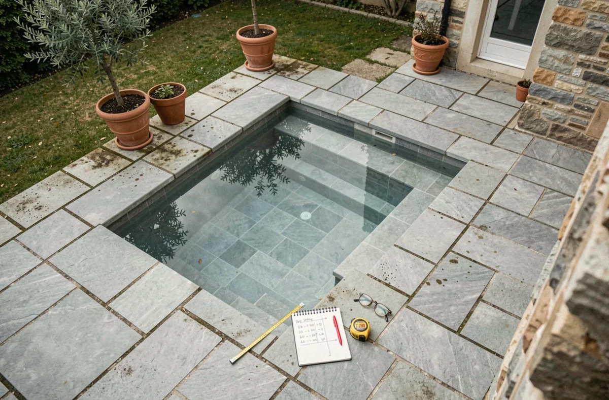 Vue plongeante sur une piscine enterrée avec mètre ruban et notes de dimensions posés sur le bord