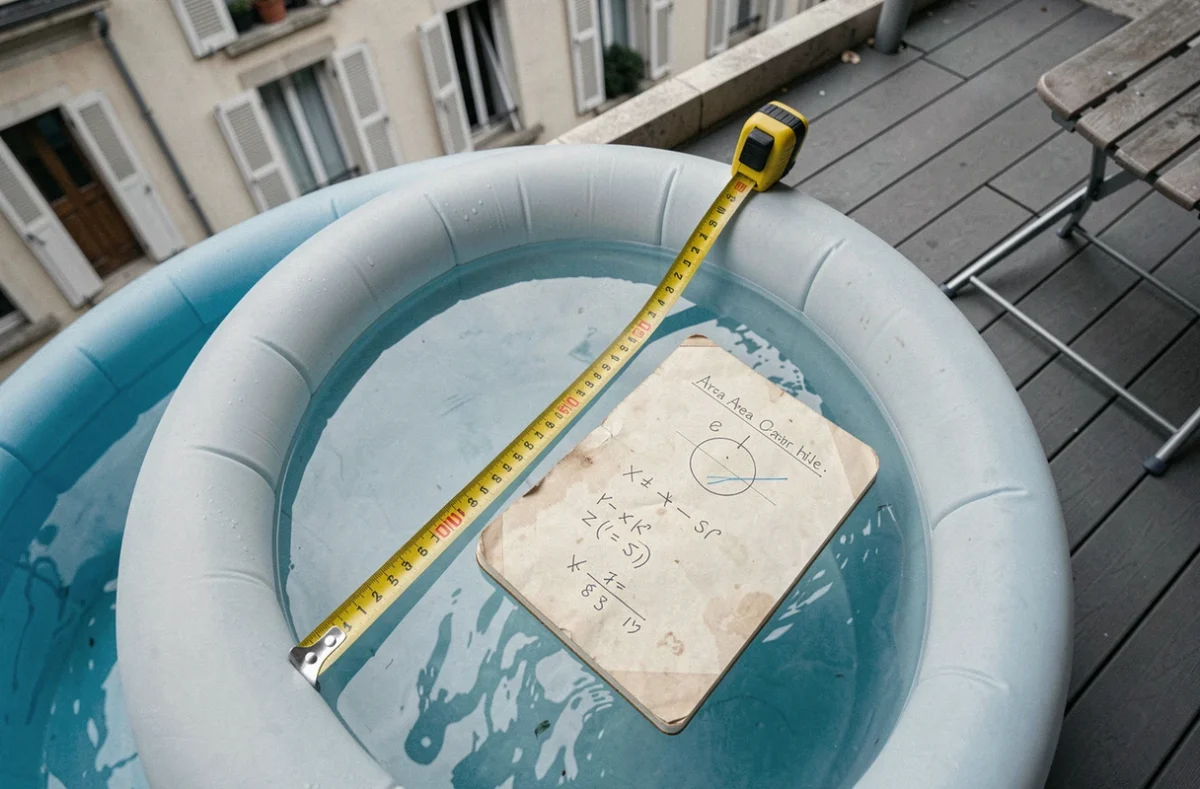 Vue de dessus d'une piscine ronde gonflable avec mètre ruban et calculs manuscrits sur un balcon urbain