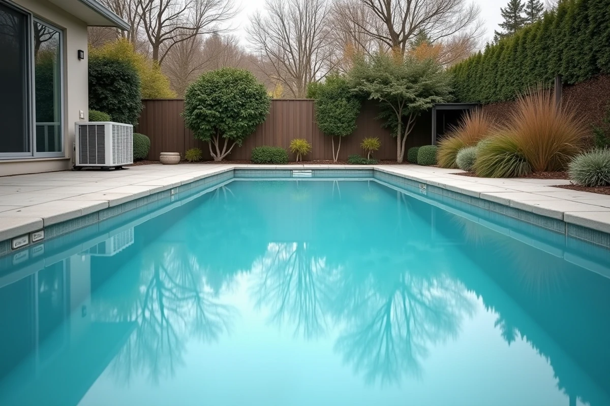 Vue d'ensemble d'une piscine résidentielle avec thermopompe installée en début de saison printanière