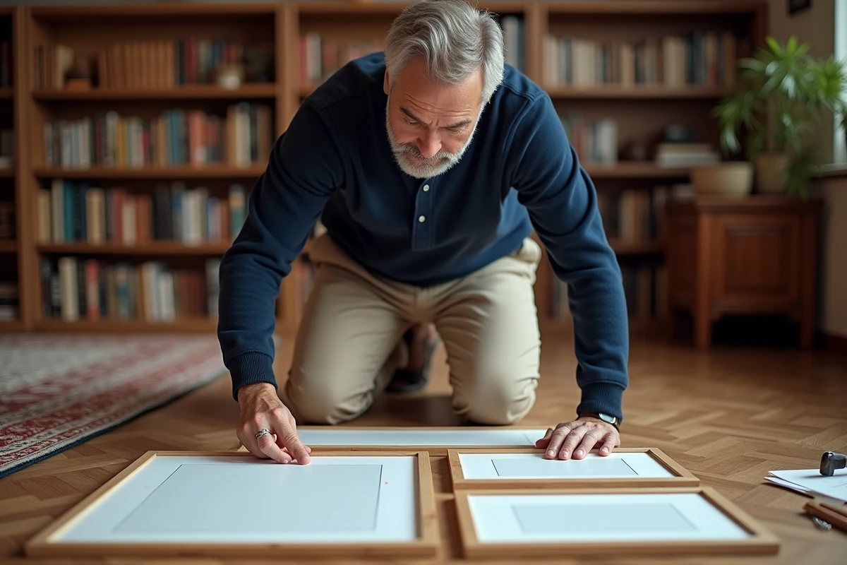 Homme planifiant l'arrangement de tableaux sur le sol avant de les accrocher au mur