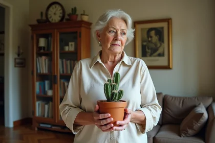 Femme tenant un cactus en pot dans un salon, plante réputée porter malheur selon les croyances populaires
