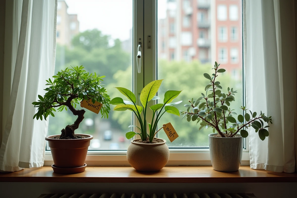 Trois plantes d'intérieur controversées sur un rebord de fenêtre avec étiquettes d'avertissement, dont bonsaï et dieffenbachia