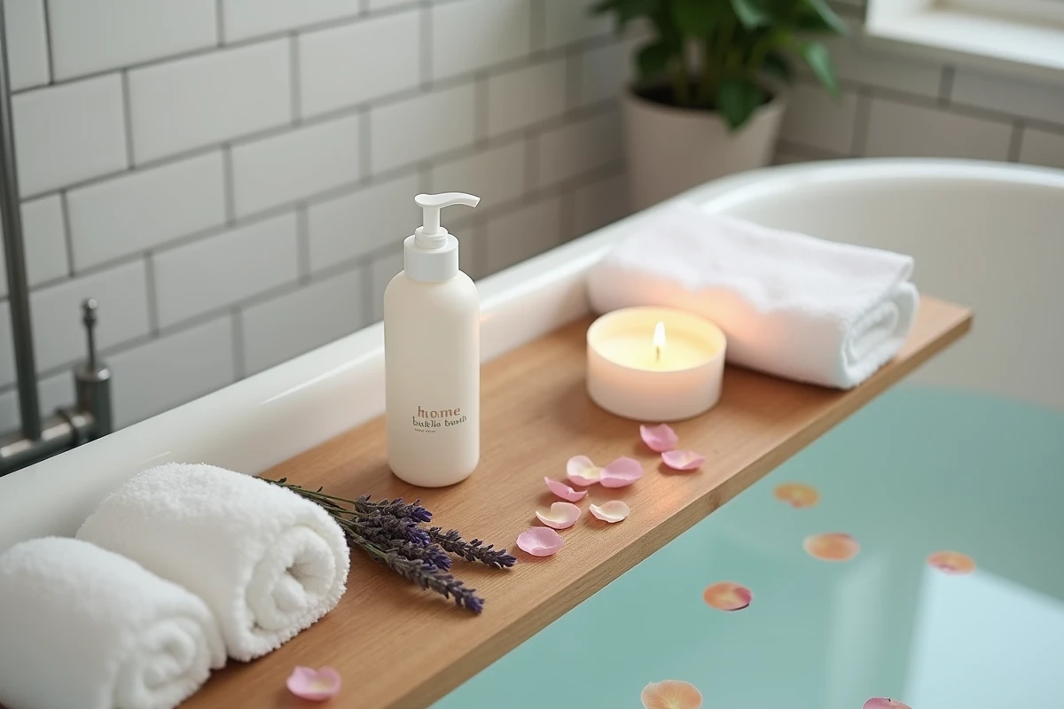 Plateau en bois avec produits de bain naturels et bougie disposés sur le rebord d'une baignoire pour une expérience spa à la maison