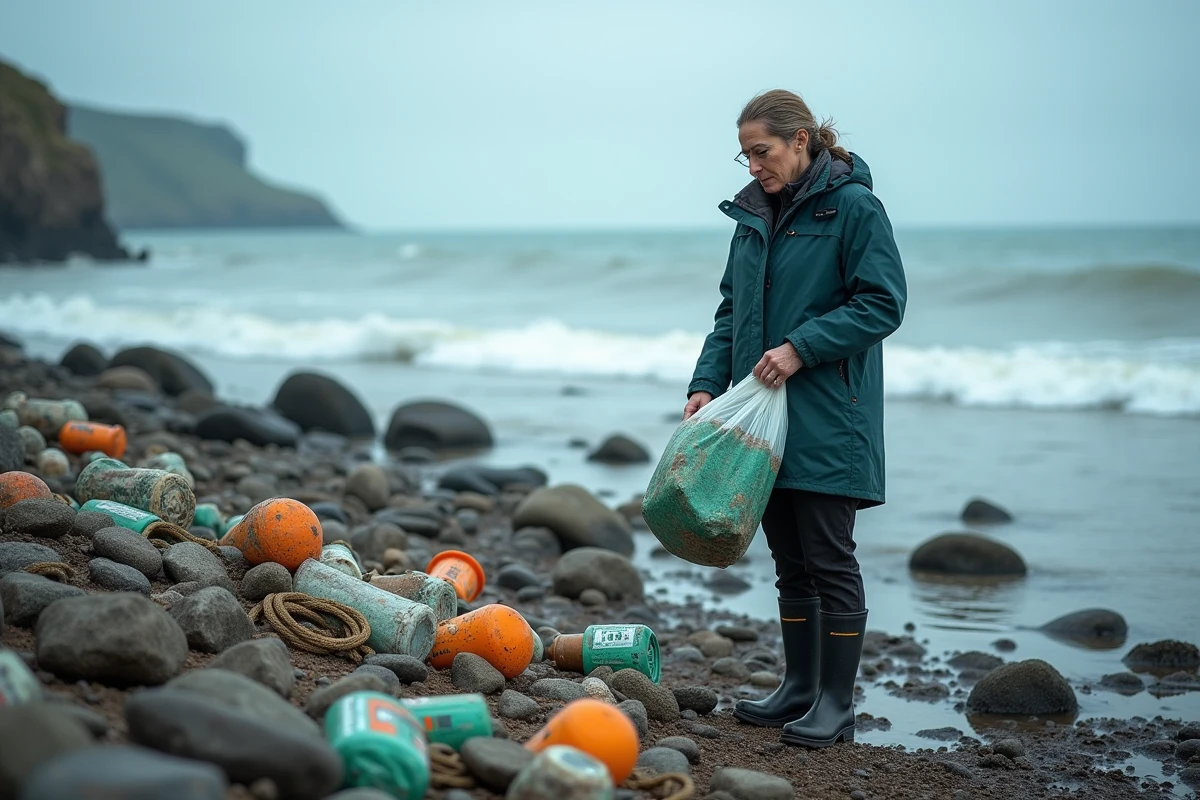 Femme ramassant des déchets plastiques polypropylène sur une plage rocheuse, représentant l'impact environnemental et la pollution marine causée par le plastique PP