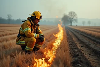 Pompier en tenue de protection surveillant un feu à récompense contrôlé dans un champ rural