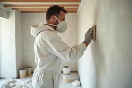 Artisan ponçant un enduit de finition sur placo avec une éponge abrasive grain fin, en combinaison blanche et masque anti-poussière