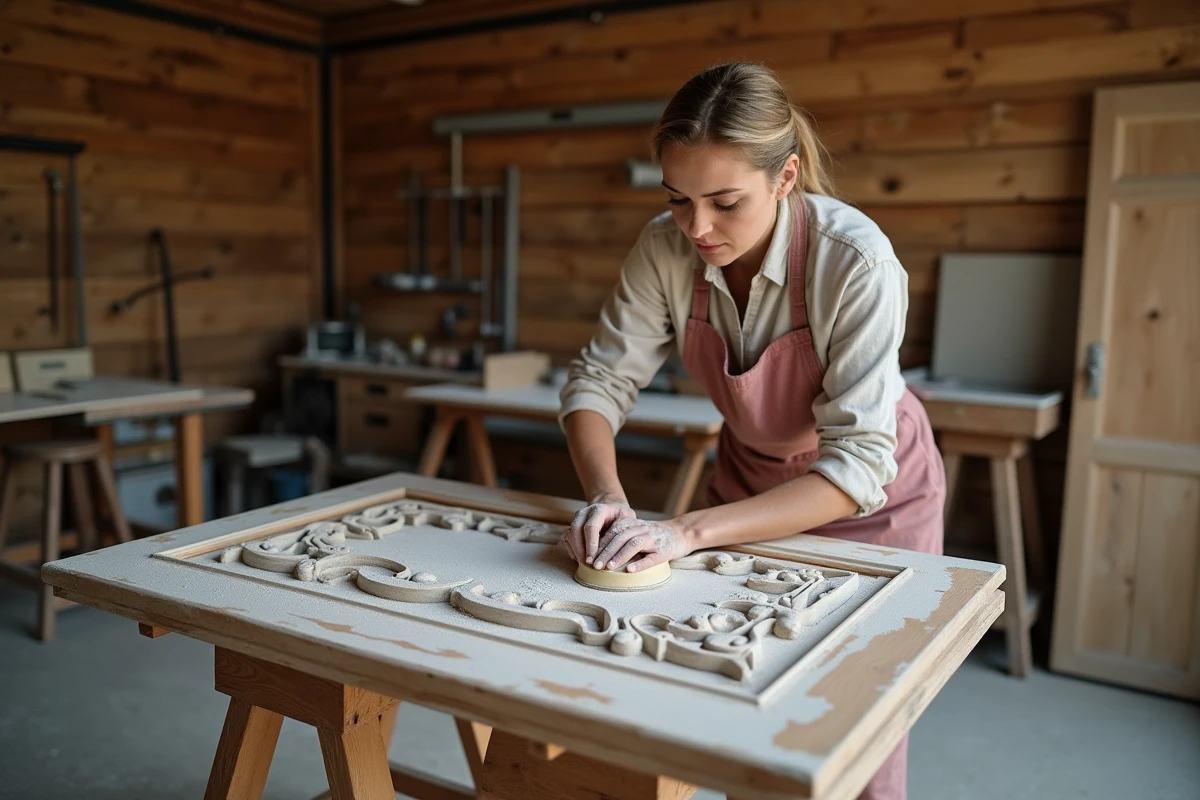 Femme ponçant une porte ancienne sculptée dans un atelier de menuiserie, restauration et embellissement de porte