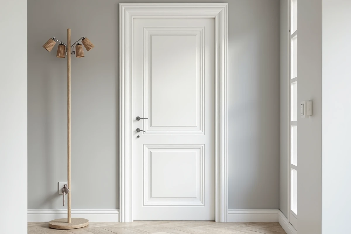 Porte intérieure en bois avec boiseries en relief peintes en blanc satiné dans un couloir de style scandinave contemporain