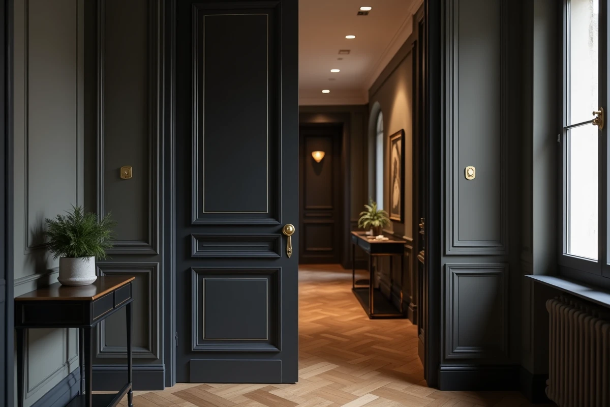 Porte double haussmannienne rénovée en noir mat avec quincaillerie en laiton dans un couloir d'appartement parisien