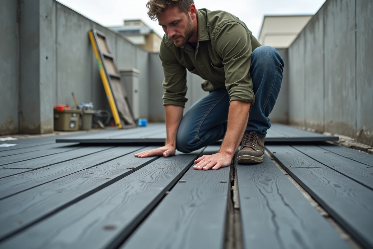 Pose de lames de terrasse en bois composite résistant à la chaleur sur toiture-terrasse urbaine