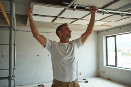 Artisan professionnel en train de poser un faux plafond suspendu dans une pièce en rénovation
