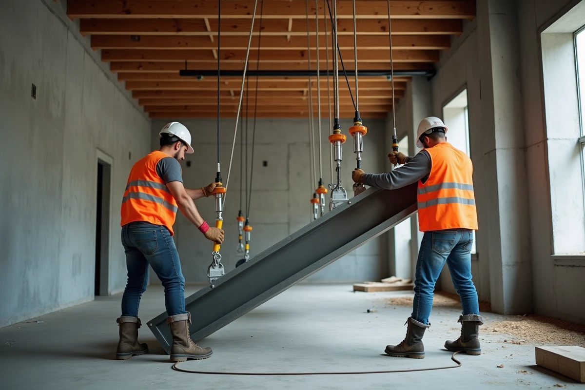 Ouvriers positionnant un IPN métallique sur mesure lors de travaux de rénovation dans un bâtiment résidentiel