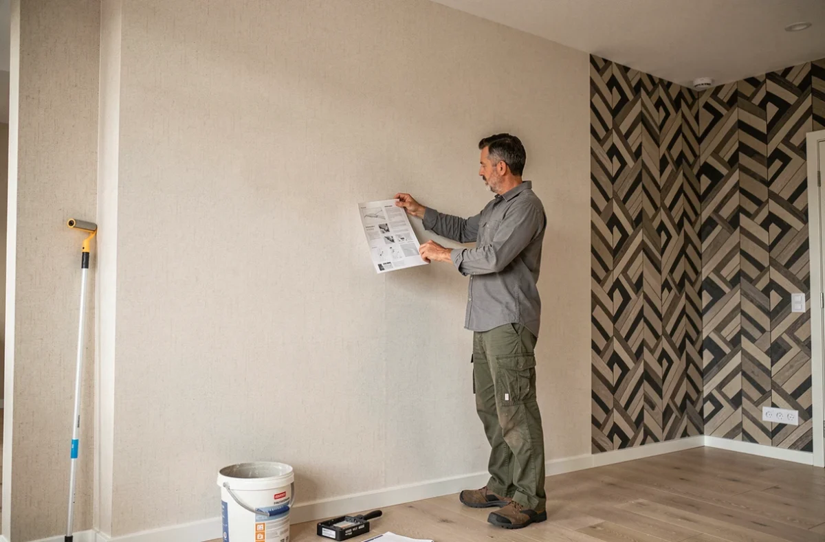 Artisan vérifiant la pose d'un papier peint géométrique sur un mur d'une pièce de 10m² avec outils et notice de calcul