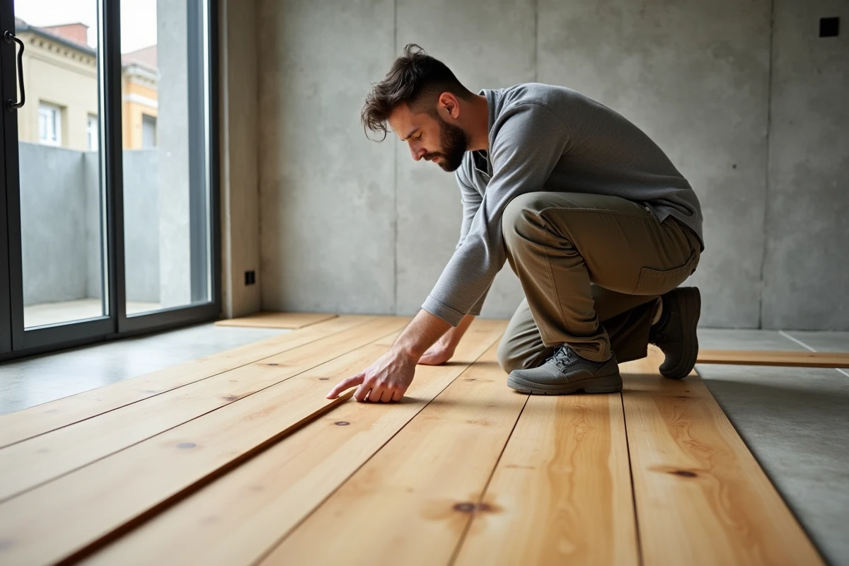 Installateur posant un parquet en bambou dans une pièce vide avec des murs en béton et de grandes fenêtres urbaines