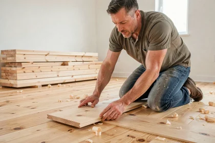 Artisan posant un parquet massif en pin à clouer dans un salon en rénovation