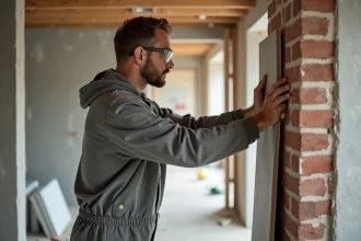 Ouvrier posant un panneau d'isolant phonique haute performance contre un mur mitoyen en briques lors d'une rénovation résidentielle