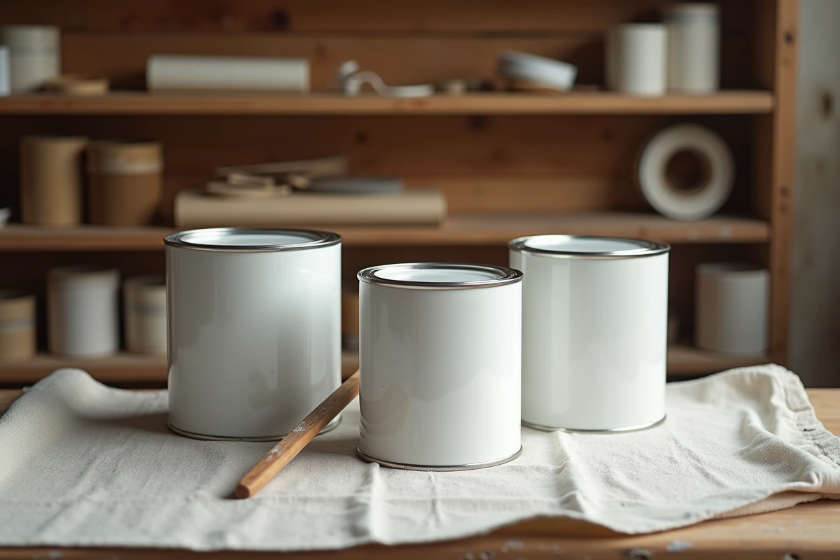 Gros plan de pots de peinture blanche pour boiseries posés sur un établi en bois avec des outils de peinture