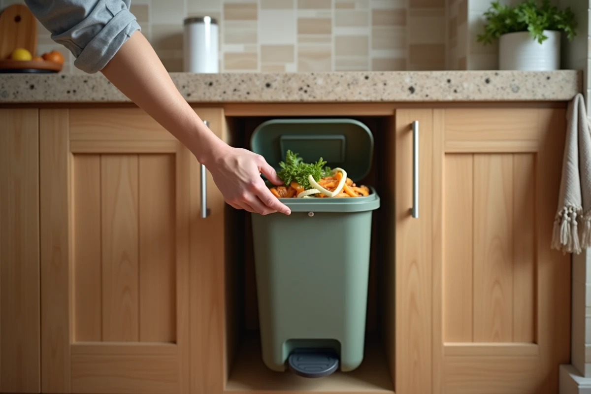 Poubelle ménagère sous l'évier d'une cuisine avec des déchets alimentaires du quotidien